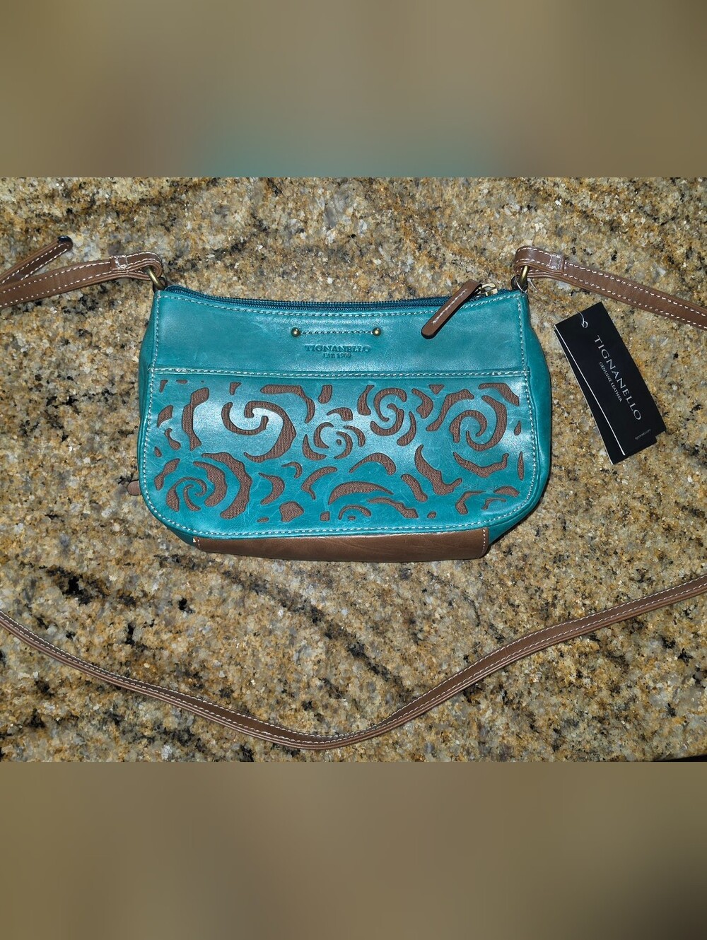 Tignanello Teal Laser-Cut Leather Crossbody Bag